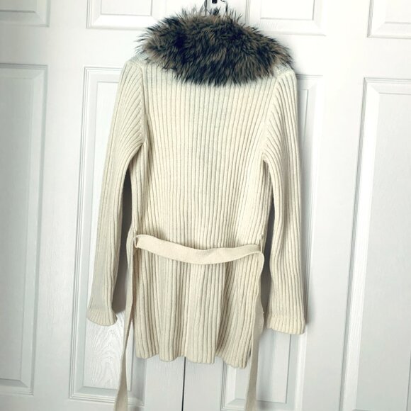 Designer Ribbed Knit Cardigan w/ Detachable Faux Fur Collar & Belt Sz L - Picture 9 of 12